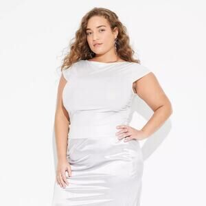 Wild Fable‎ Women's XXS Cap Sleeve Ruched Side Seam Top White Shimmer Night Out